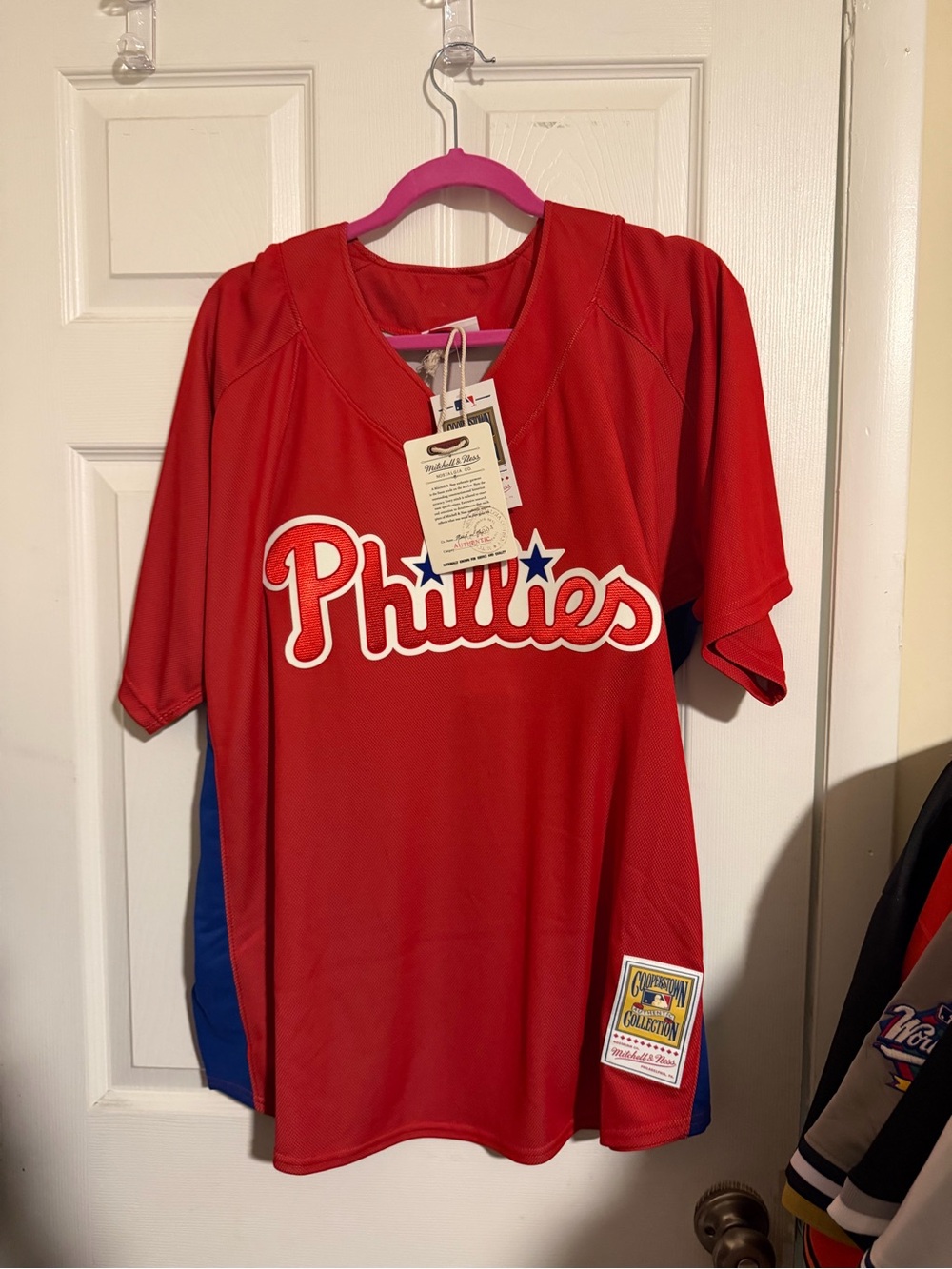 Mitchell & Ness Red Phillies Men’s Jersey with Blue Accents